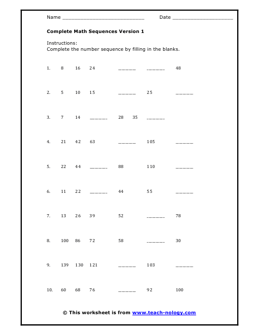 Math Sequence Worksheets