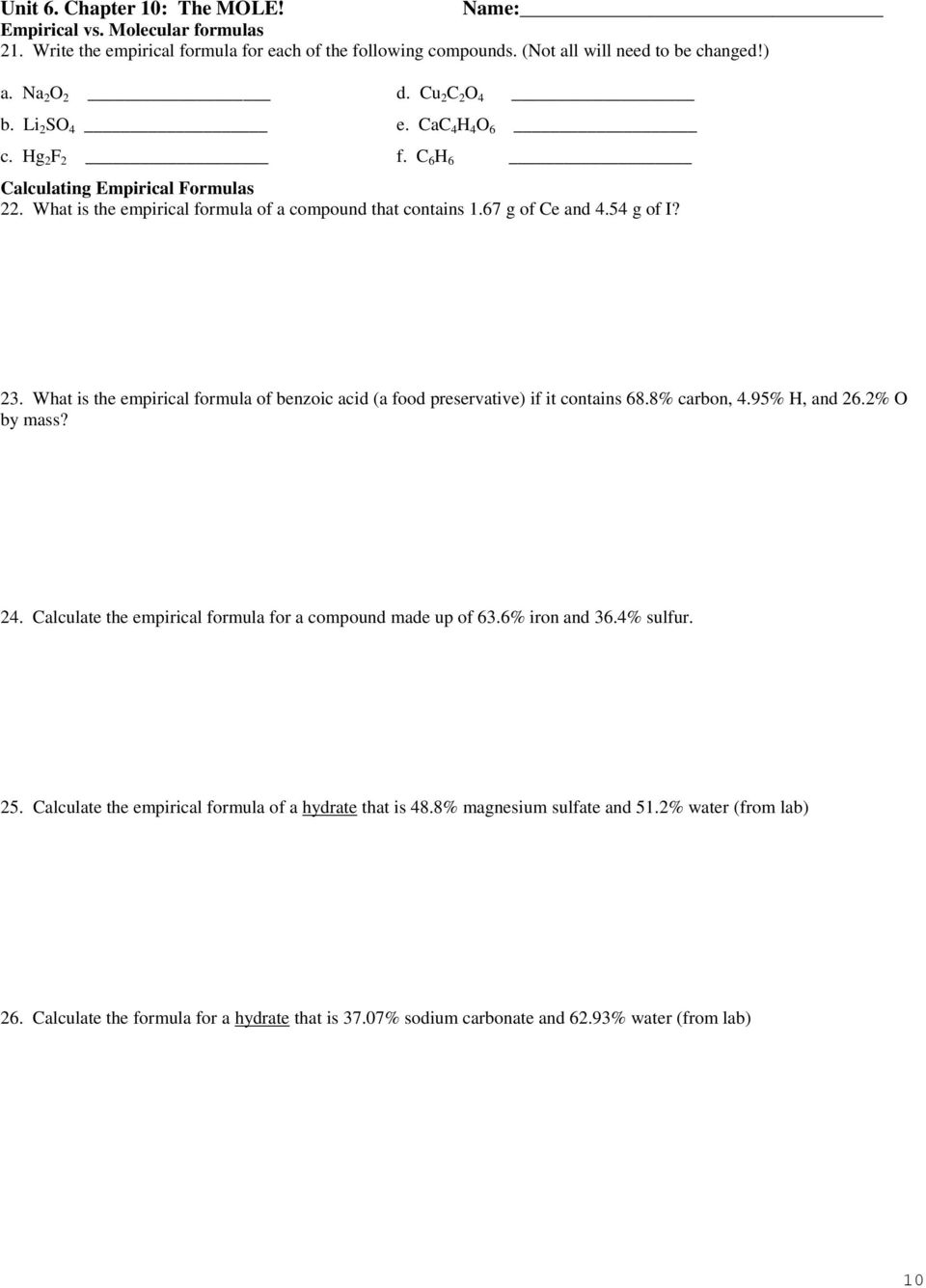 Empirical Formula Worksheets Answer Key