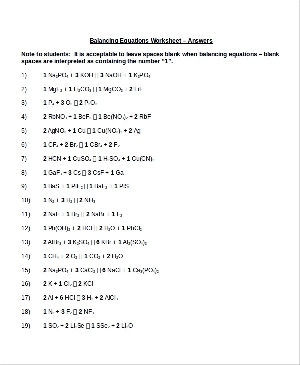 Sample Balancing Equations Worksheet Templates Free Worksheets Samples