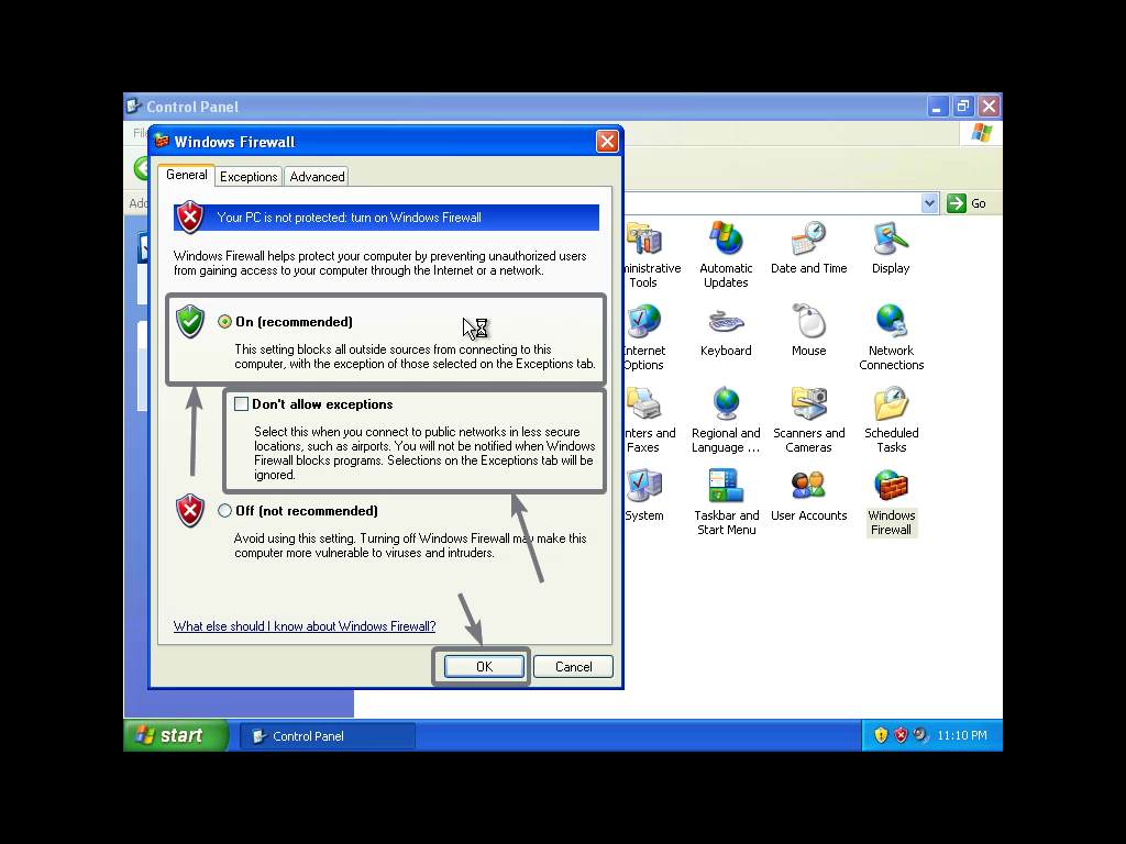 How to turn on and configure the Windows Firewall on Windows XP