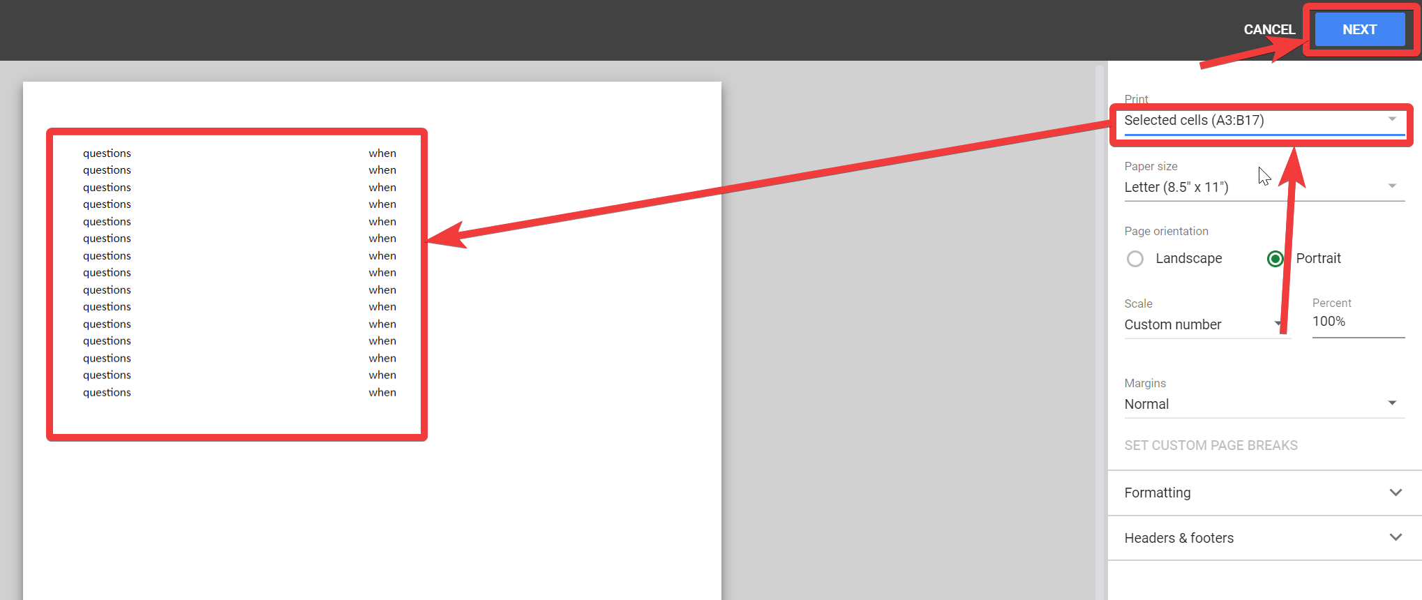 How to print a selected range of cells on Microsoft Excel and Google Docs