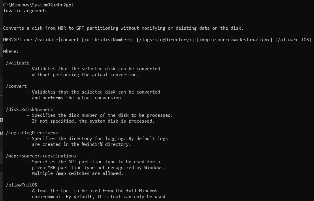 mbr2gpt windows MBR to GPT disk conversion command