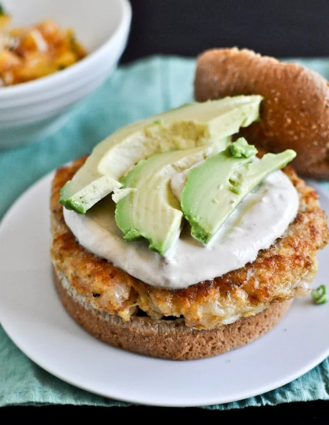 Shrimp Burgers with Chipotle Cream and Coconut Peach Salsa