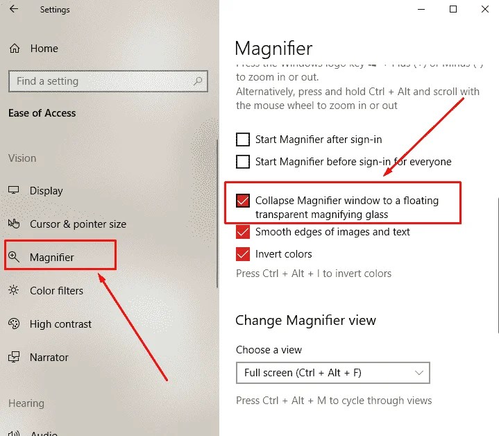 How to Collapse Magnifier Window to a Floating Transparent Magnifying Glass in Windows 10