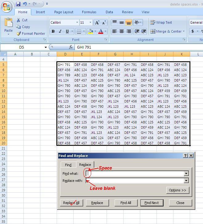 How to delete all spaces in a selection (or how to delete spaces in a