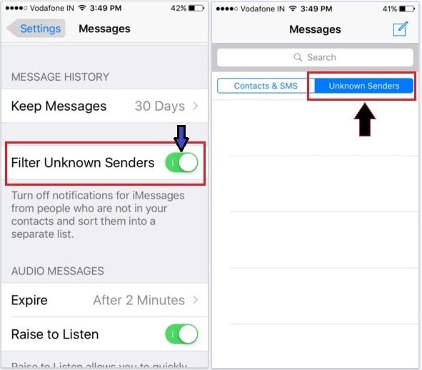 How to filter iMessage from unknown senders on iOS 9