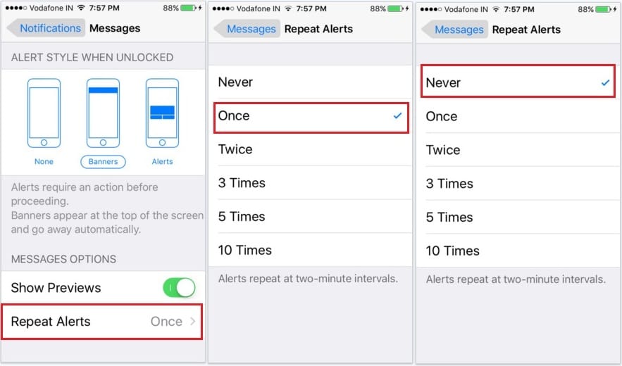 How to turn off repeat message alert on iPhone