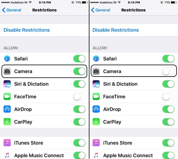 Disable camera Access from lock screeniOS 11/ iOS 10,iPhone X/8/8+