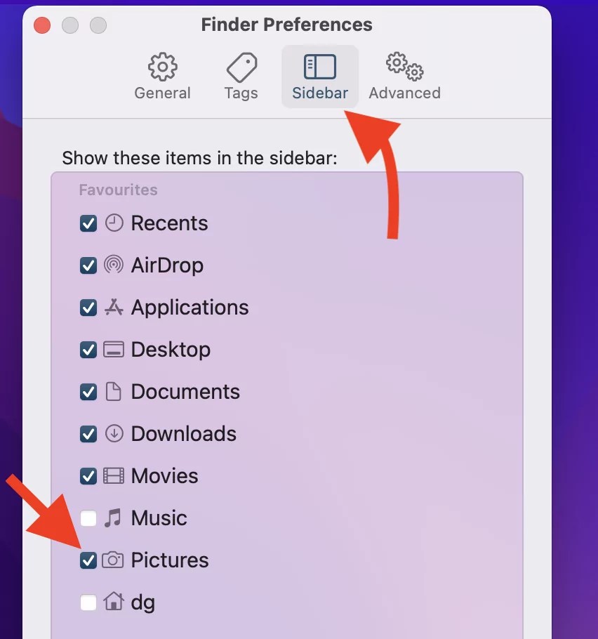 Fix Pictures folder not showing in finder sidebar on Mac