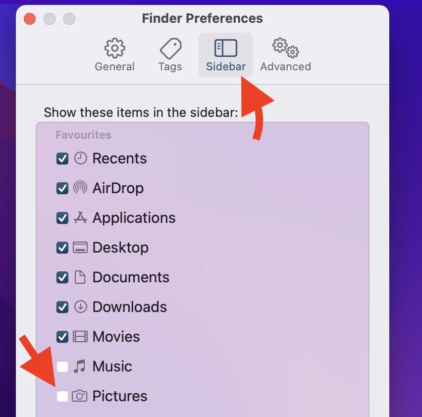 Fix Pictures folder not showing in finder sidebar on Mac