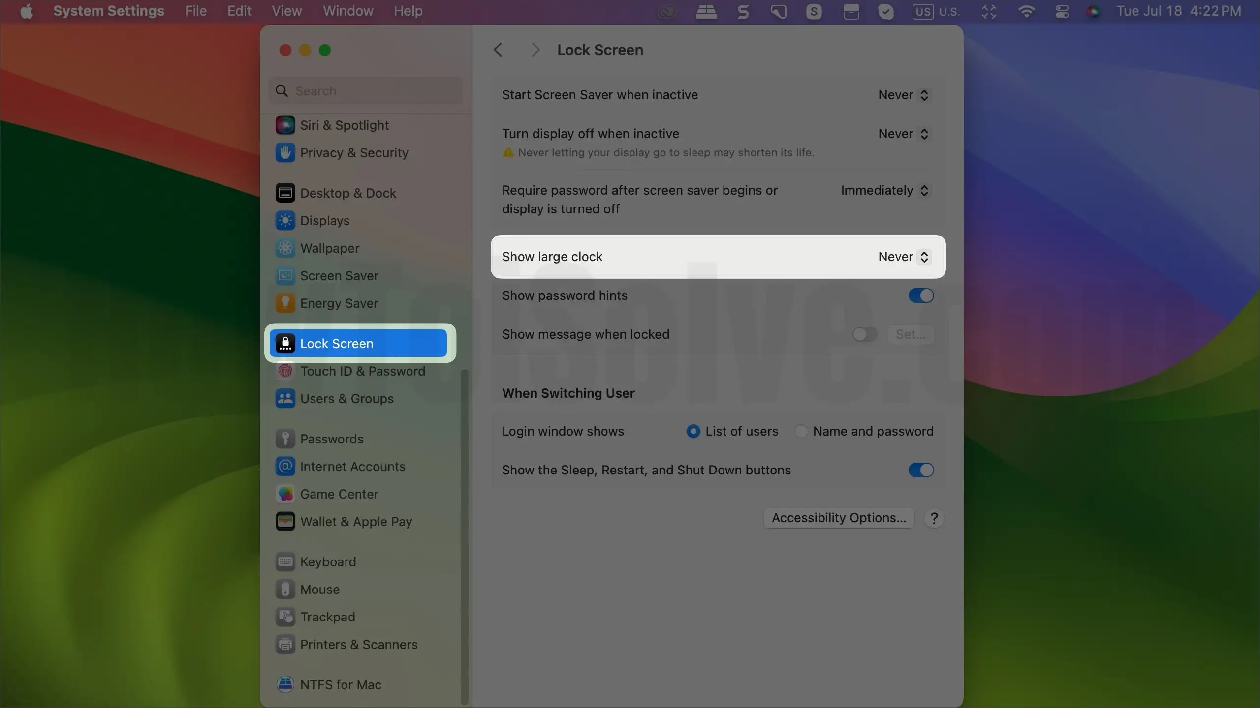 How to Enable & Disable Large Clock on Lock Screen in Sequoia/Sonoma