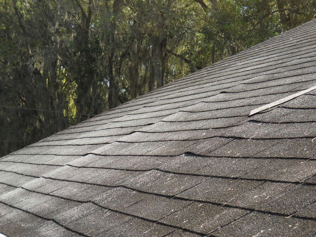 What causes shingles to buckle along a line on the roof?