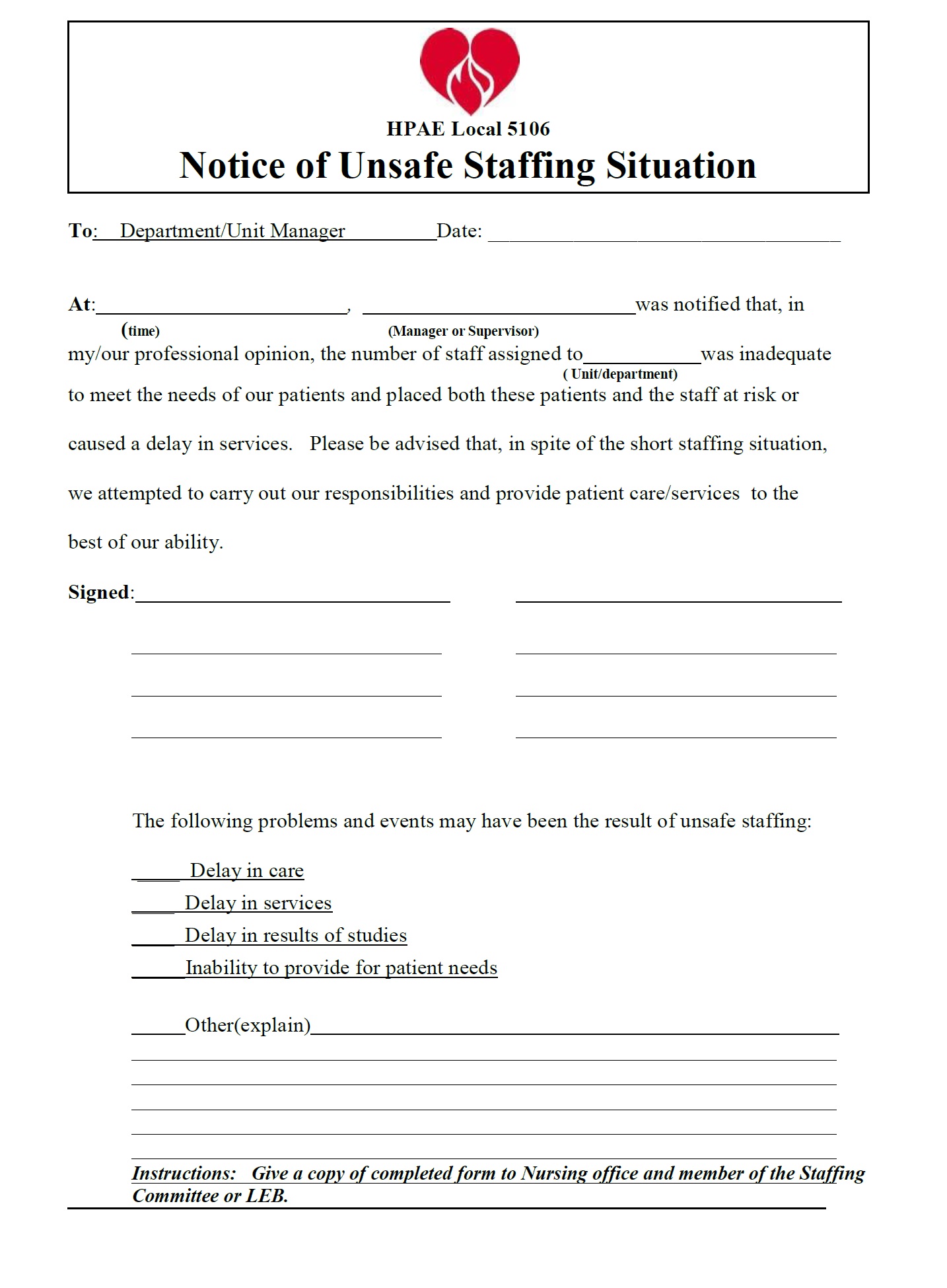 Local 5106 Short Staffing Form (Nonnursing job titles) Health