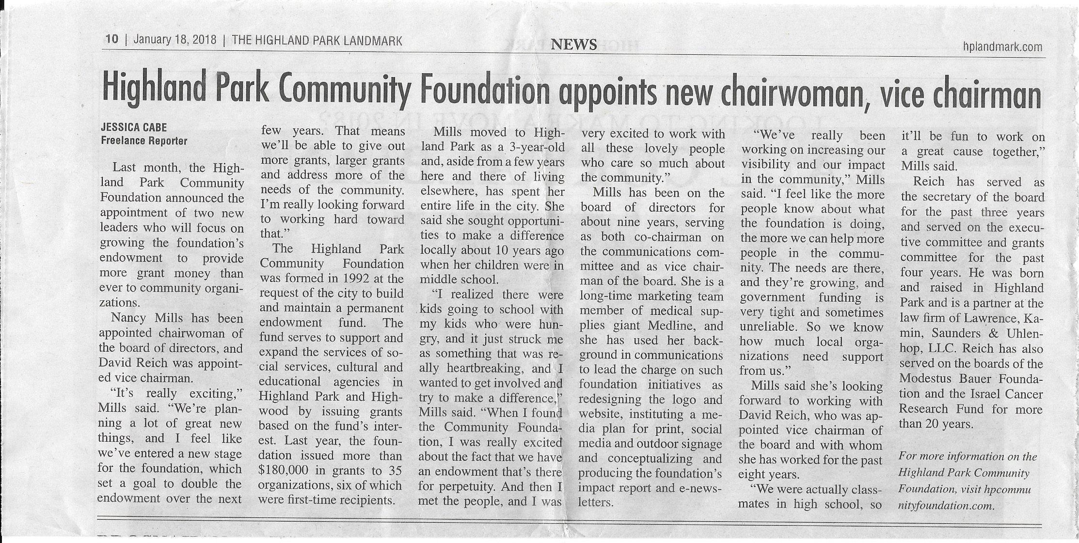 HIGHLAND PARK LANDMARK Highland Park Community Foundation appoints new