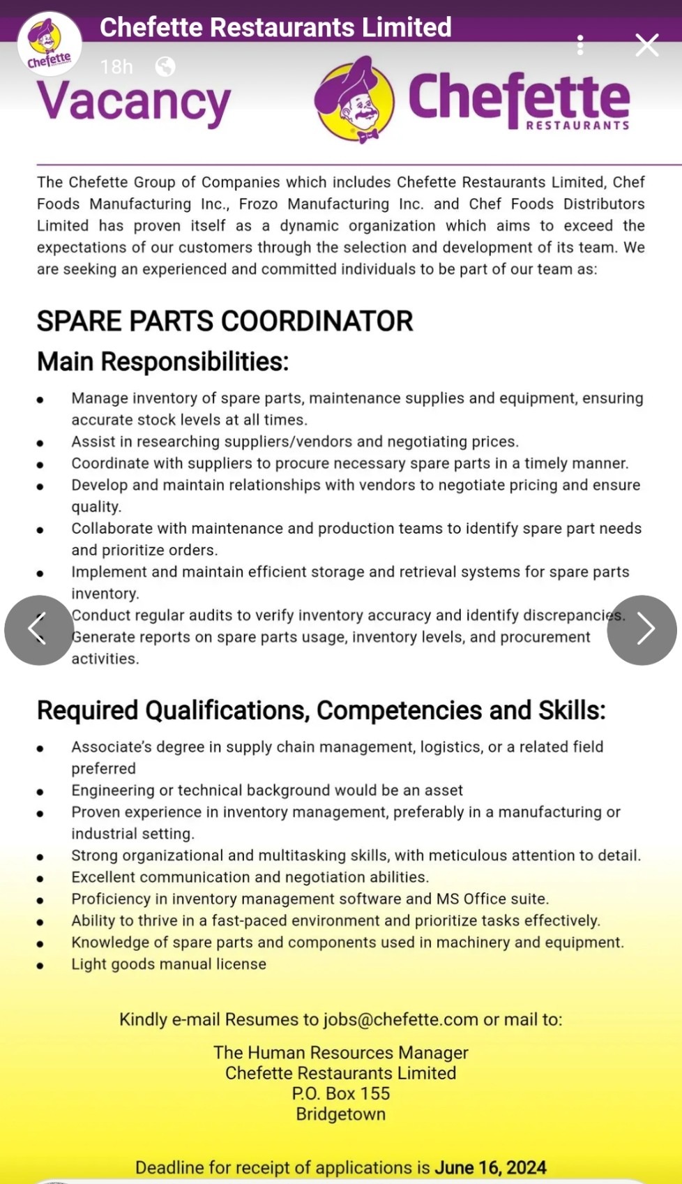 Spare Parts Coordinator Human Resource Management Association of Barbados