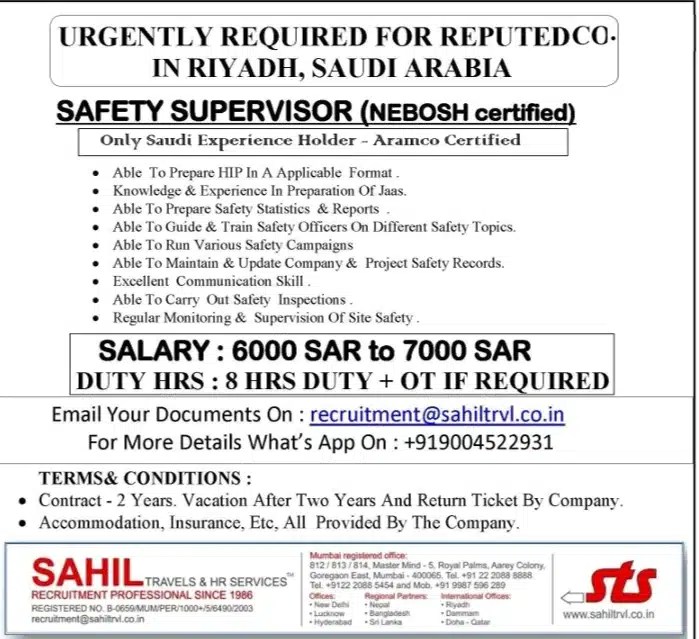 NEBOSH Certified Safety Supervisor Job Vacancy in Riyadh, Saudi Arabia