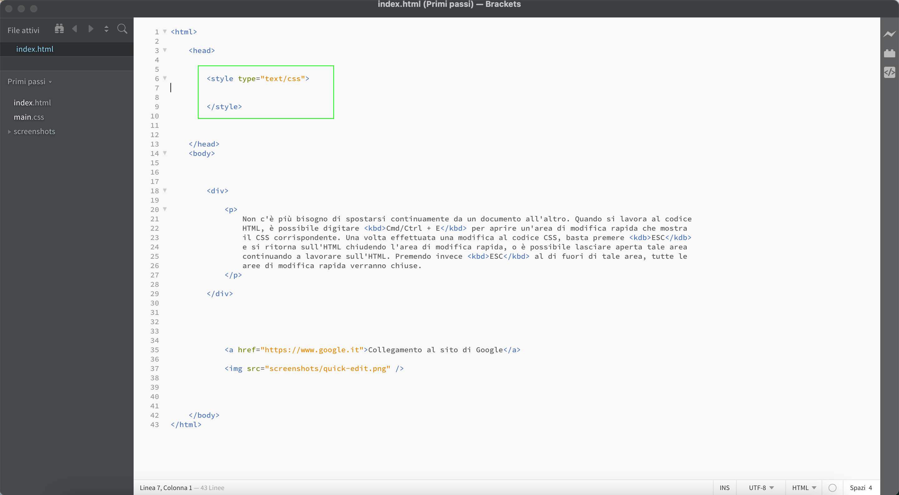Brackets i linguaggi HTML e CSS Editor HTML.it