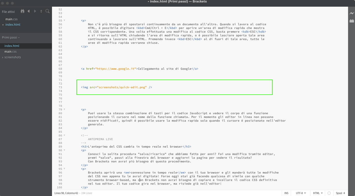Brackets i linguaggi HTML e CSS Editor HTML.it