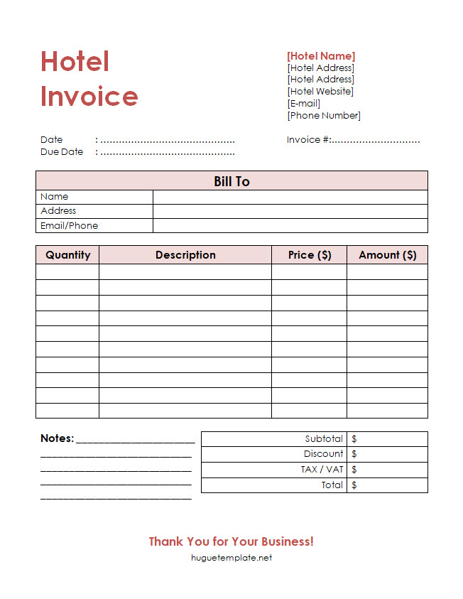 Printable Hotel Invoice Template (Word)