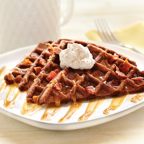 Hungry Jack Chocolate Waffles with Caramel Syrup and Bacon