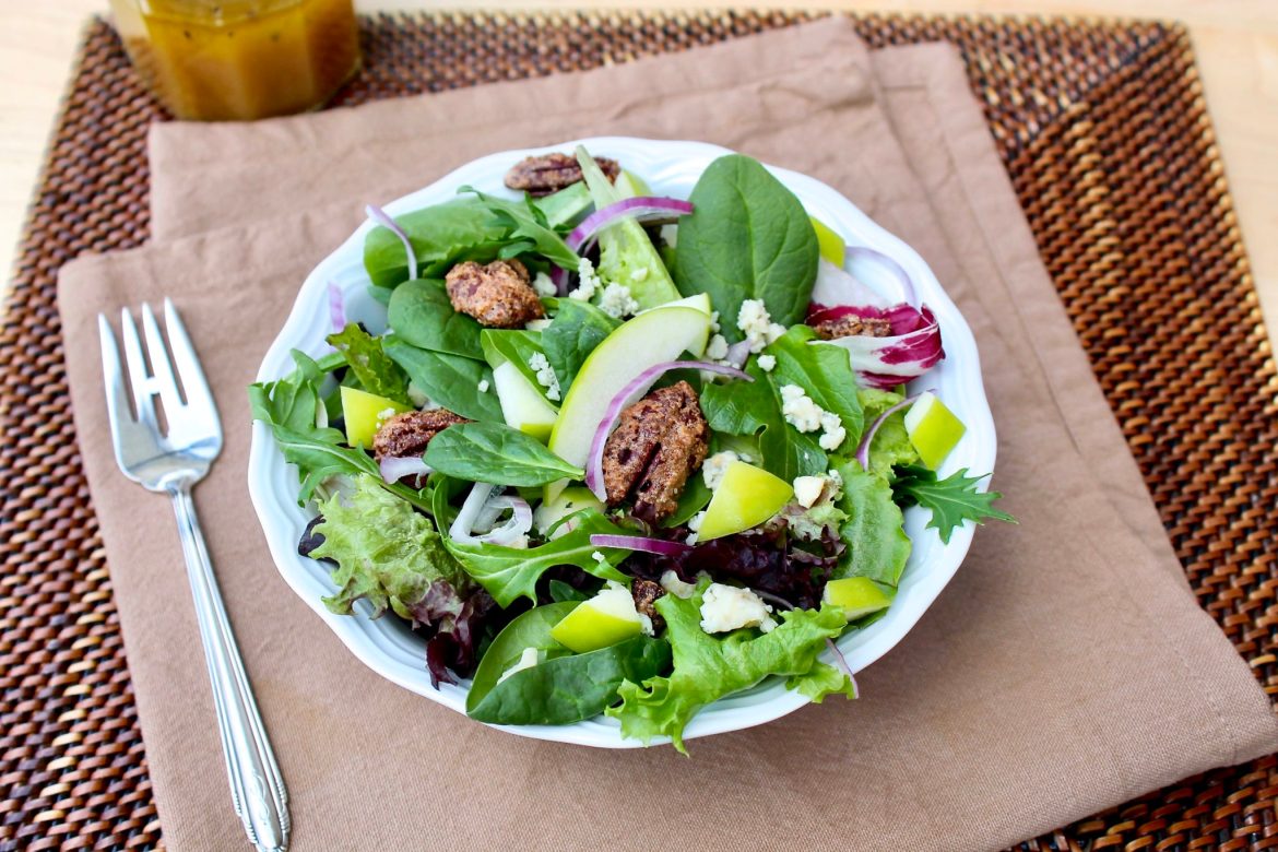 Tyler Florence 2024 Christmas Bacon Maple Syrup Salad Dressing Recipe of The Week Apple Pecan Spring Greens Salad with Cider Vinegar