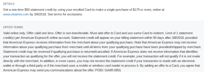 Amex Offer Clear Promotion 50 Statement Credit for 179 Purchase (Targeted)
