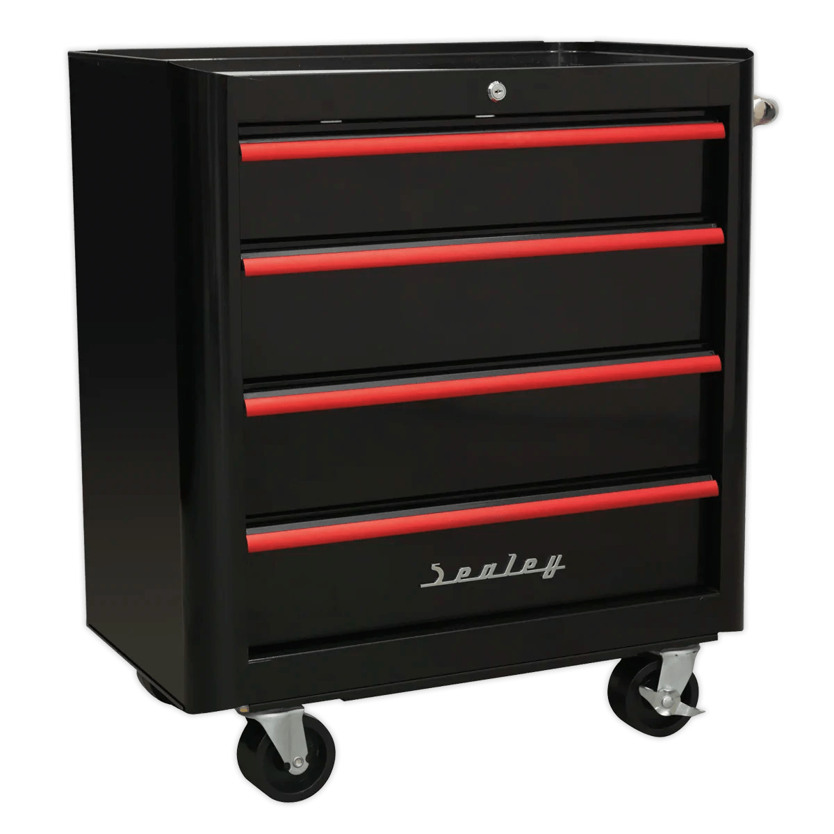 Rollcab 4 Drawer Retro Style Black with Red Anodised Drawer Pulls Huttie