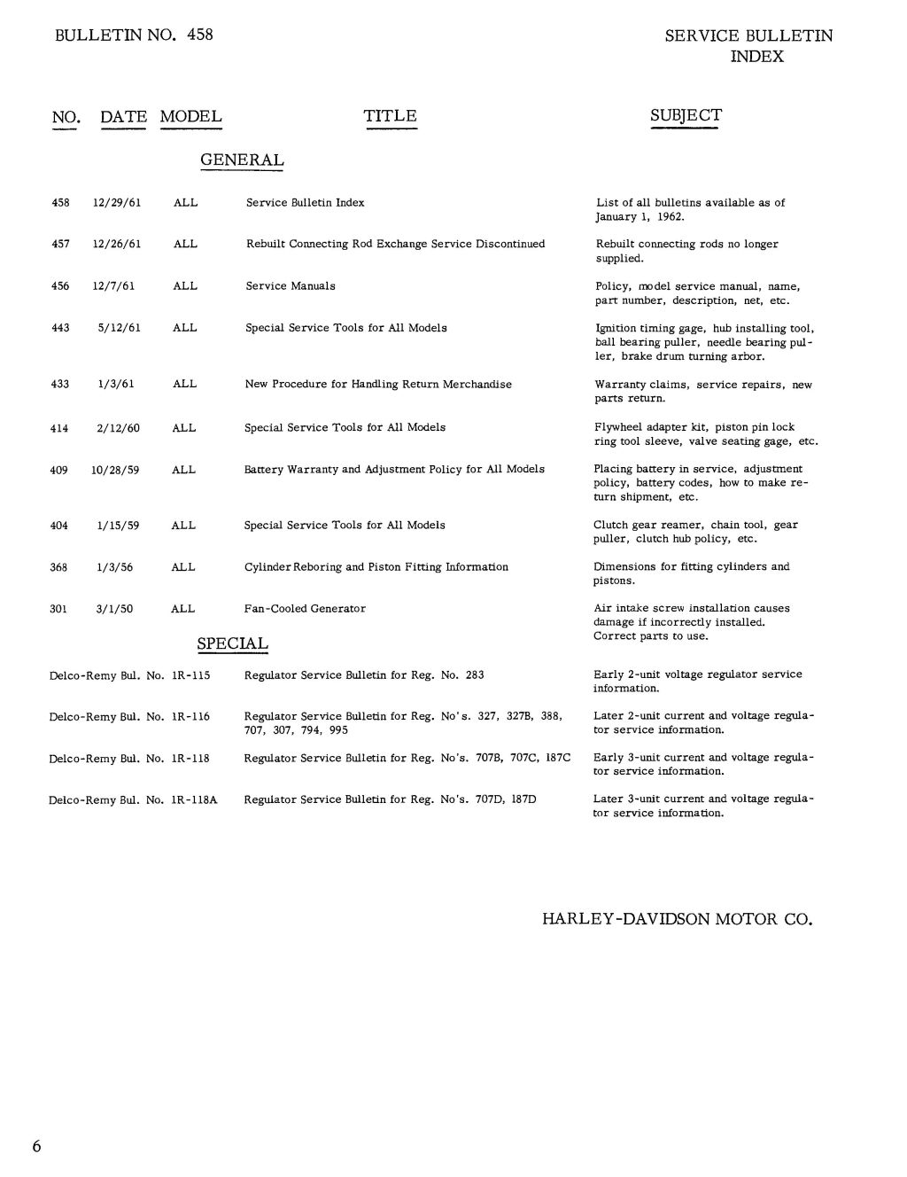 Service Bulletin No. 458 Service Bulletin Index