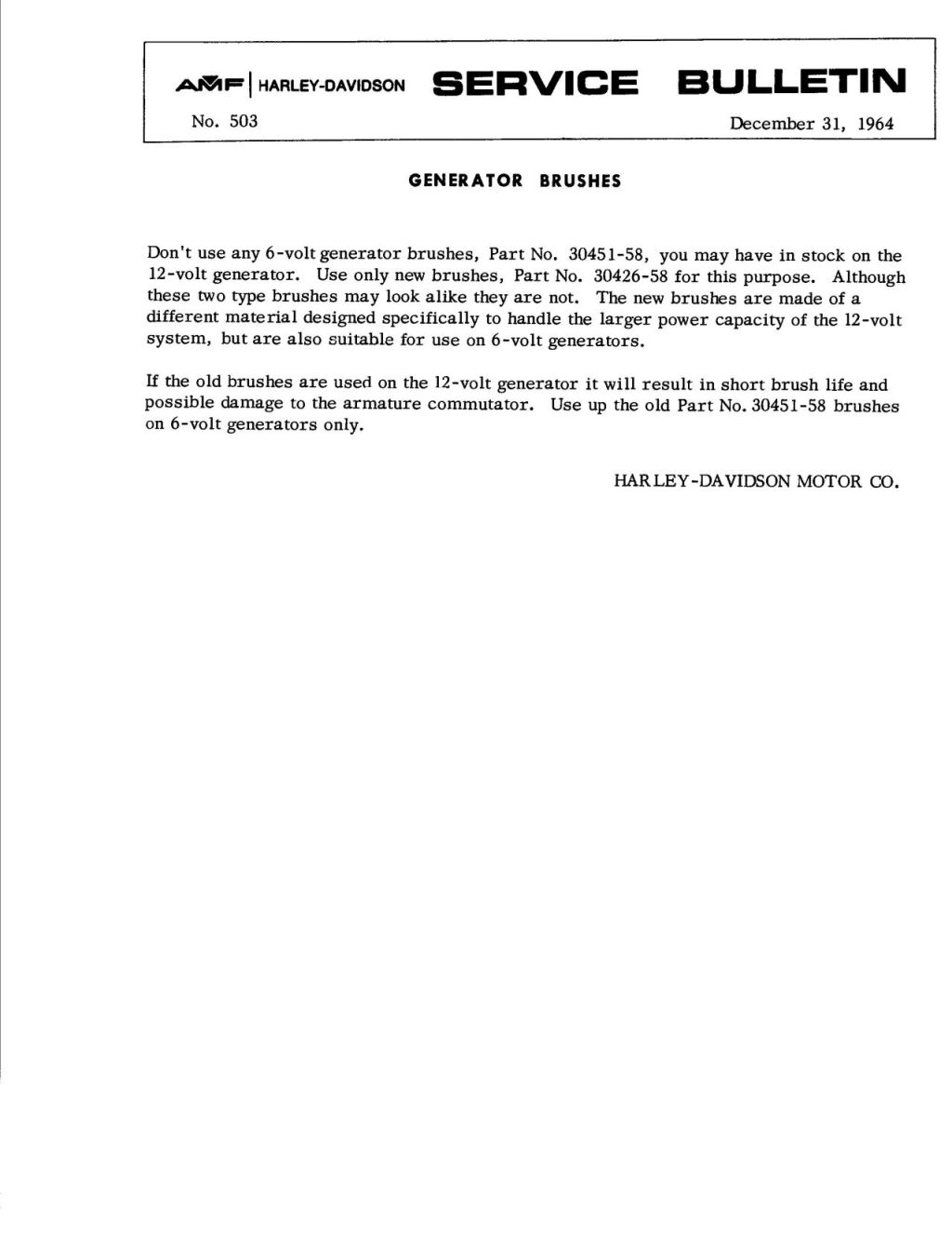 Service Bulletin No. 503 Generator Brushes