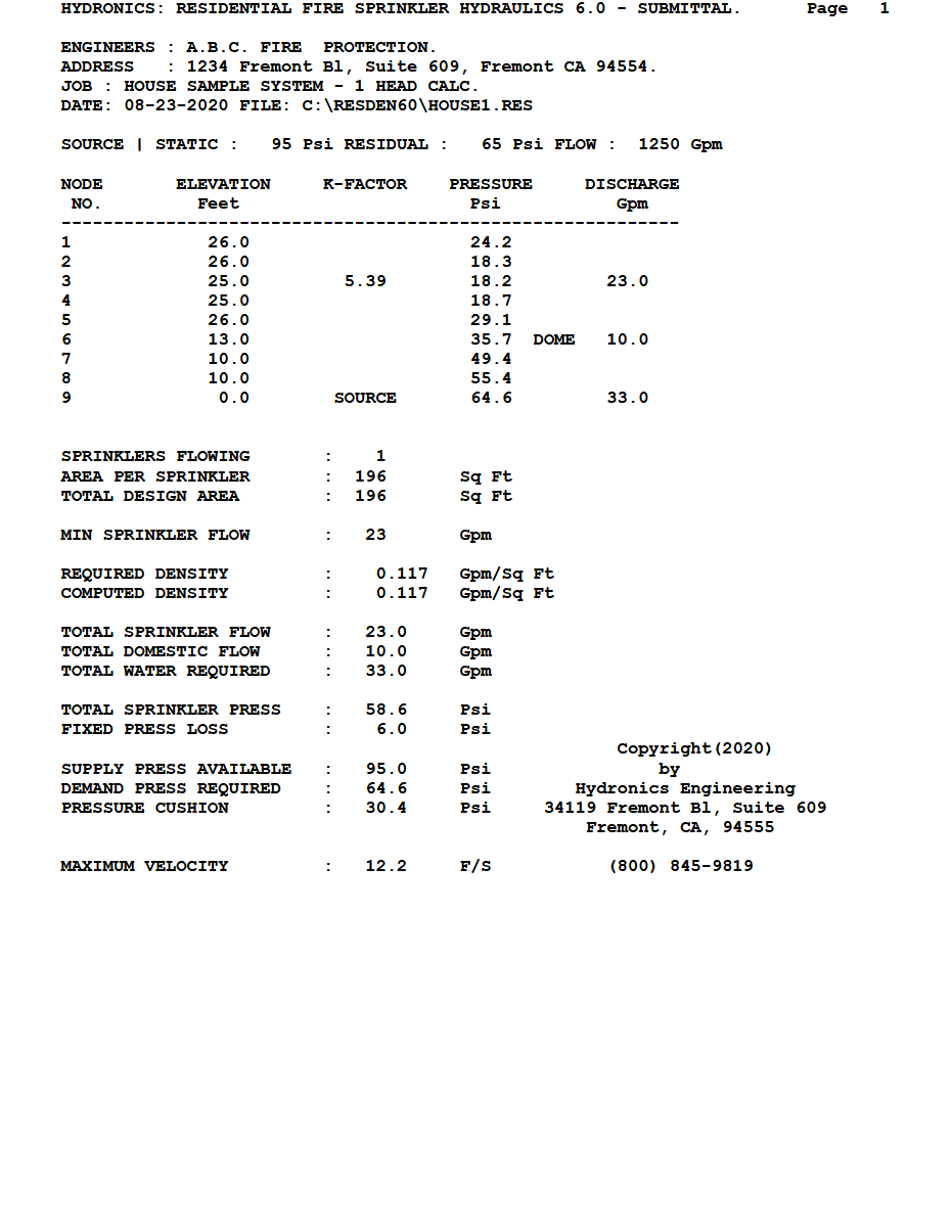 Residential Fire Sprinkler Hydraulic Calculation and Design Software.