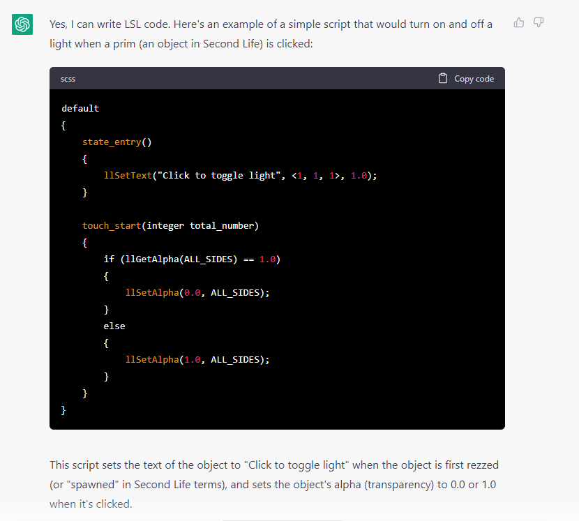 ChatGPT can teach you LSL and even write code for you — kinda