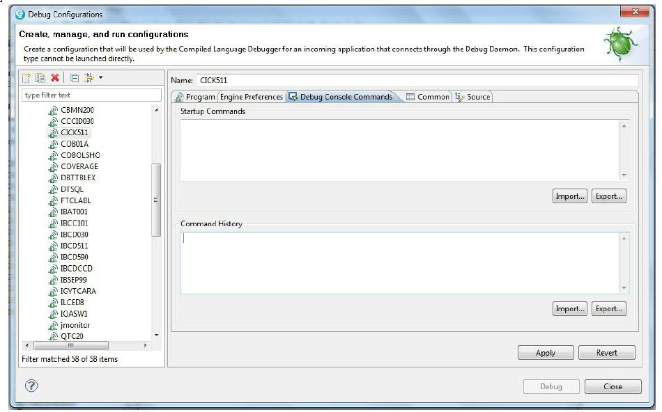 Specifying Debug Tool commands using RDz Debug Configuration