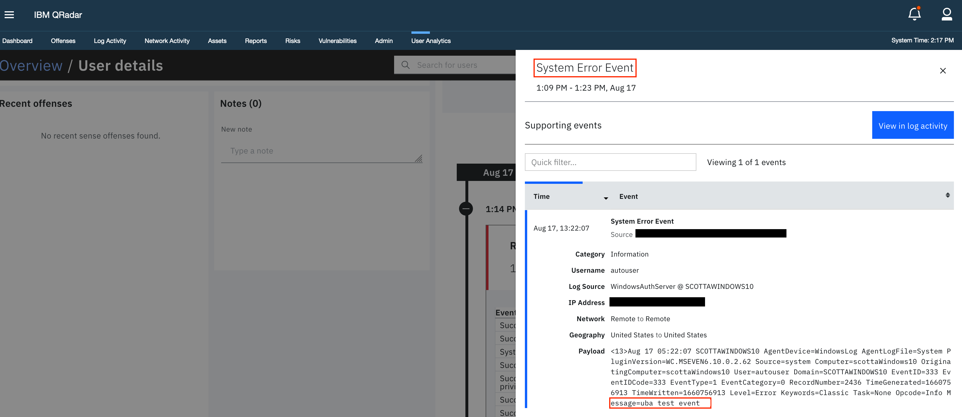 QRadar User UBA recent risk score is 0