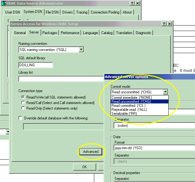 IBM i Access ODBC Commit Mode Data Source Setting, Isolation Level, and