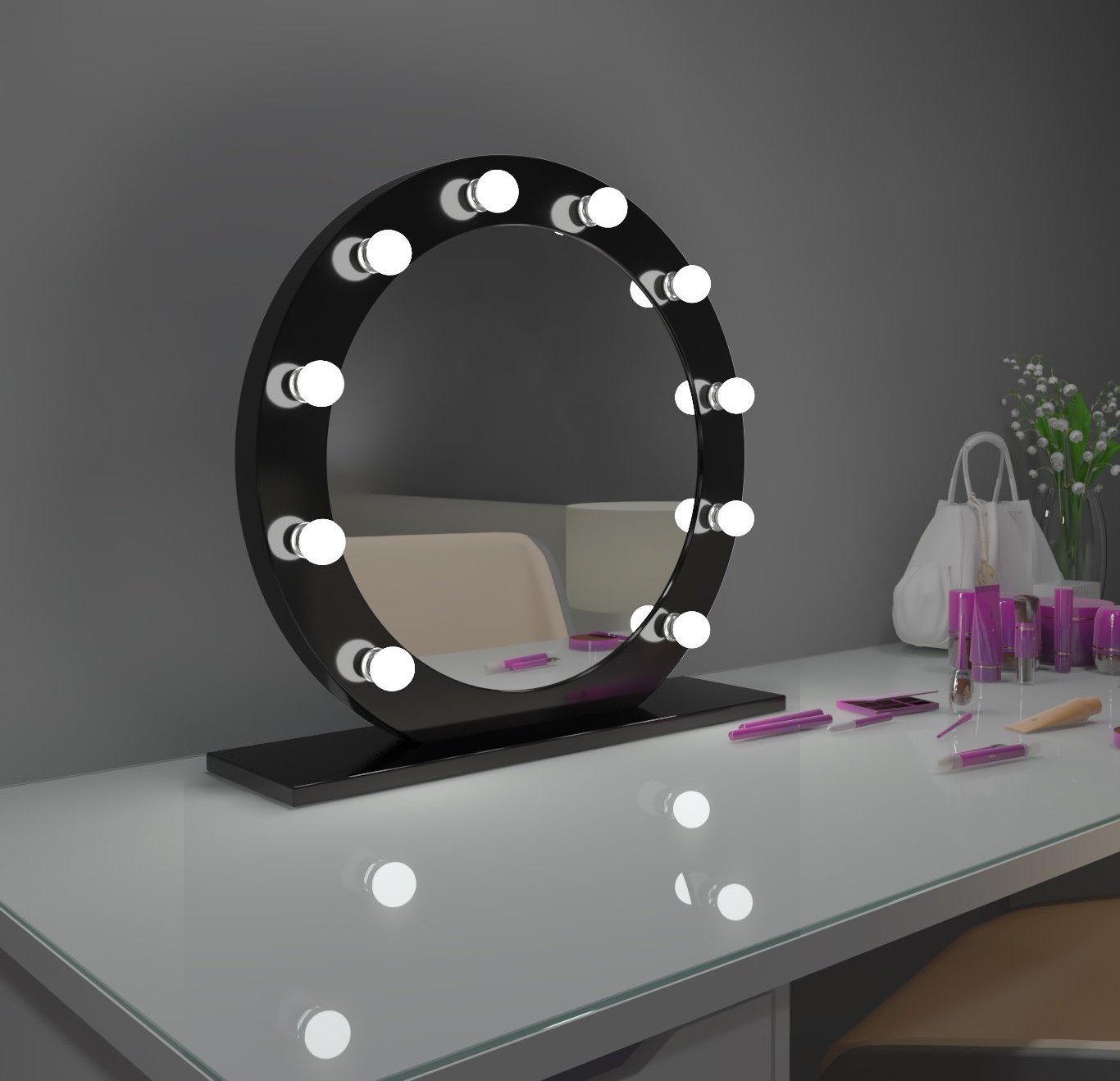 Dimmable Hollywood Round Mirror Diana 28 in Black