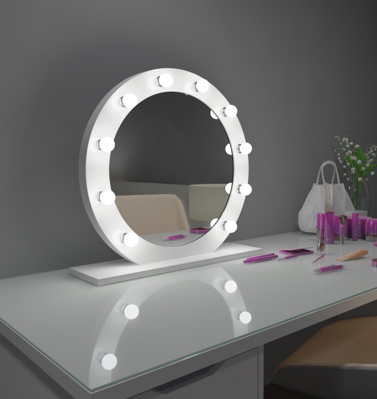 Dimmable Hollywood Round Mirror Diana 28 in White