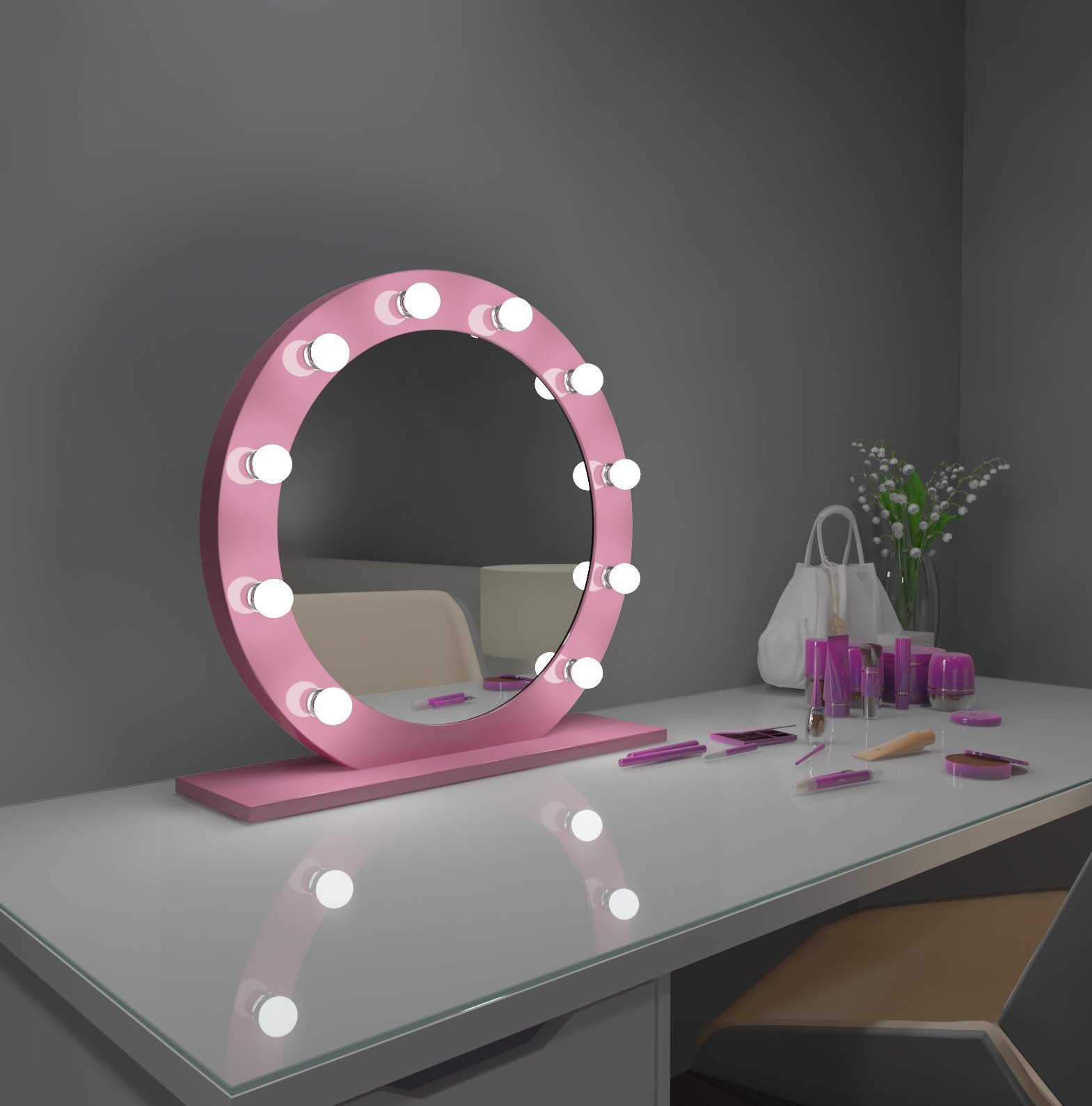 Dimmable Hollywood Round Mirror Diana 28 in Pink