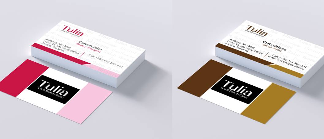 pink and white business cards, brown and gold business cards