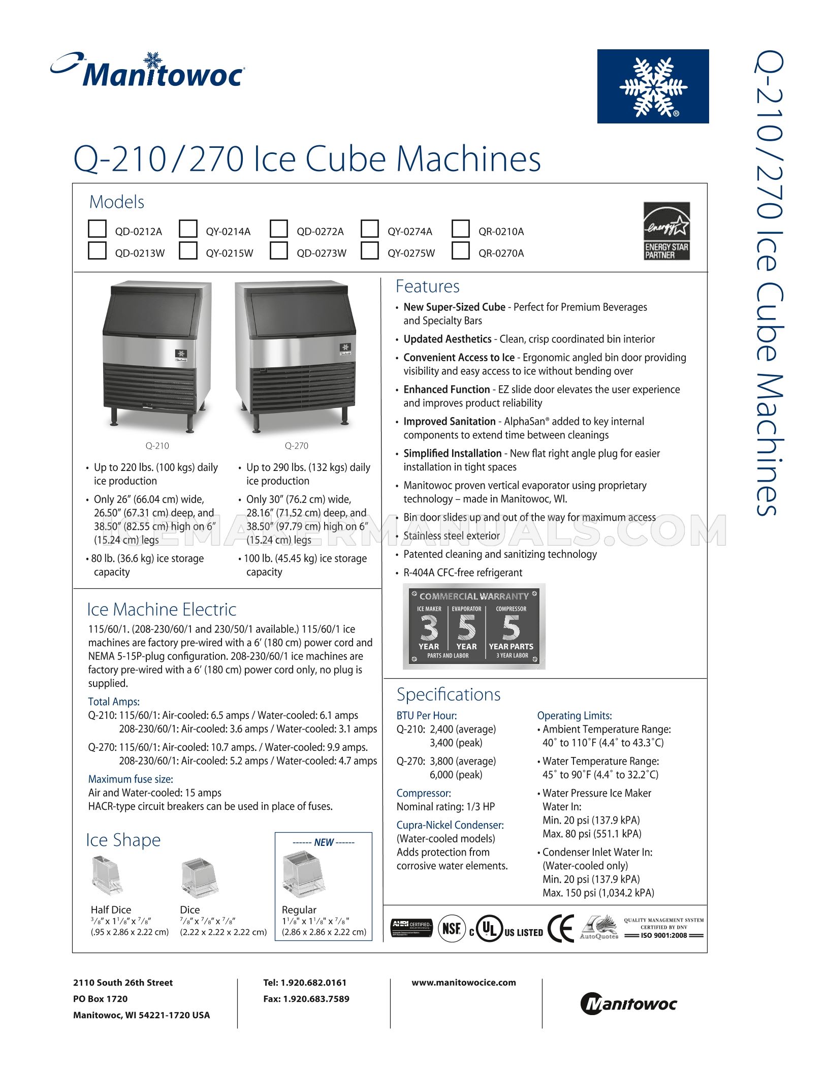 Manitowoc QY0274A Q270 Ice Machine Specifications Sheet Ice Maker Manuals