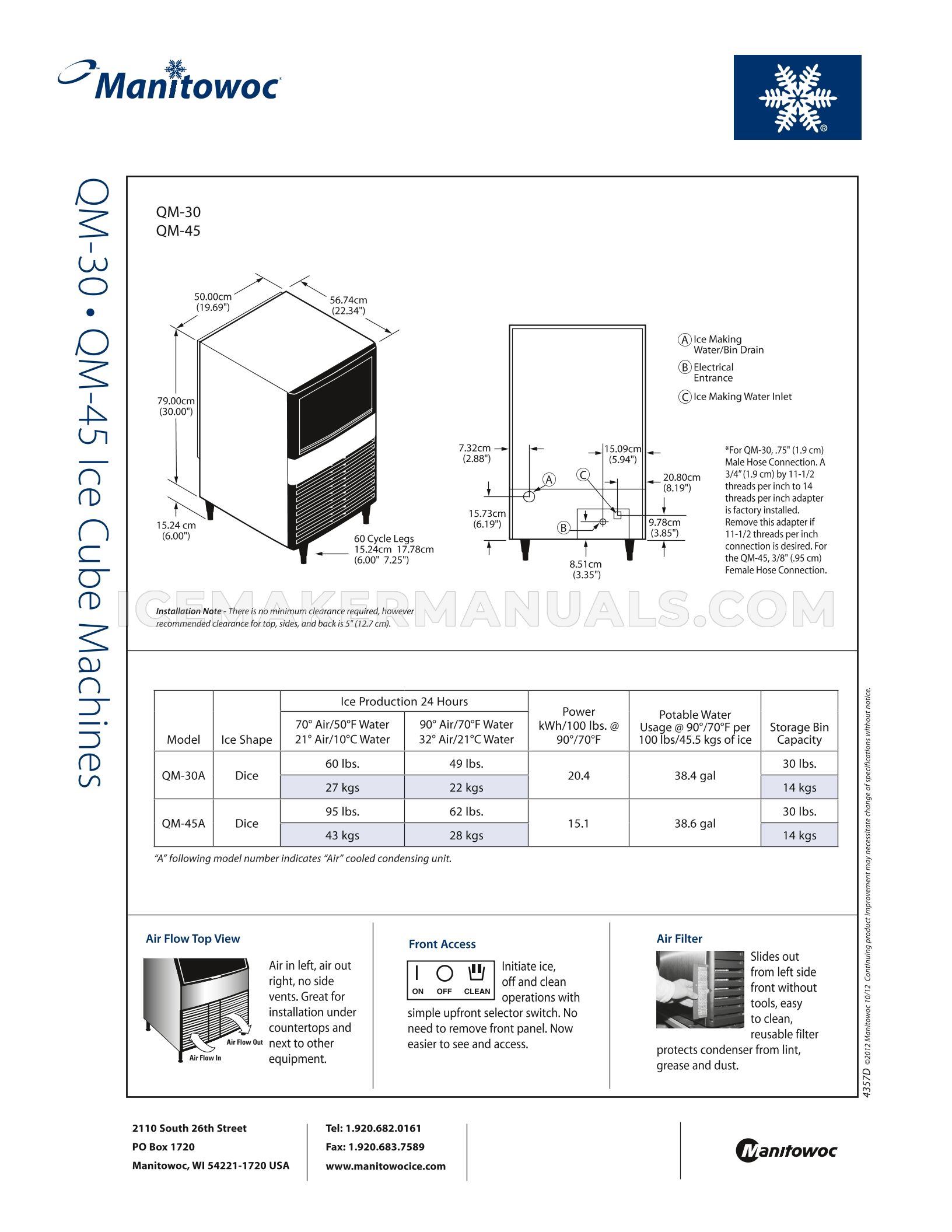 Manitowoc QM45A Ice Machine Specifications Sheet | Ice Maker Manuals