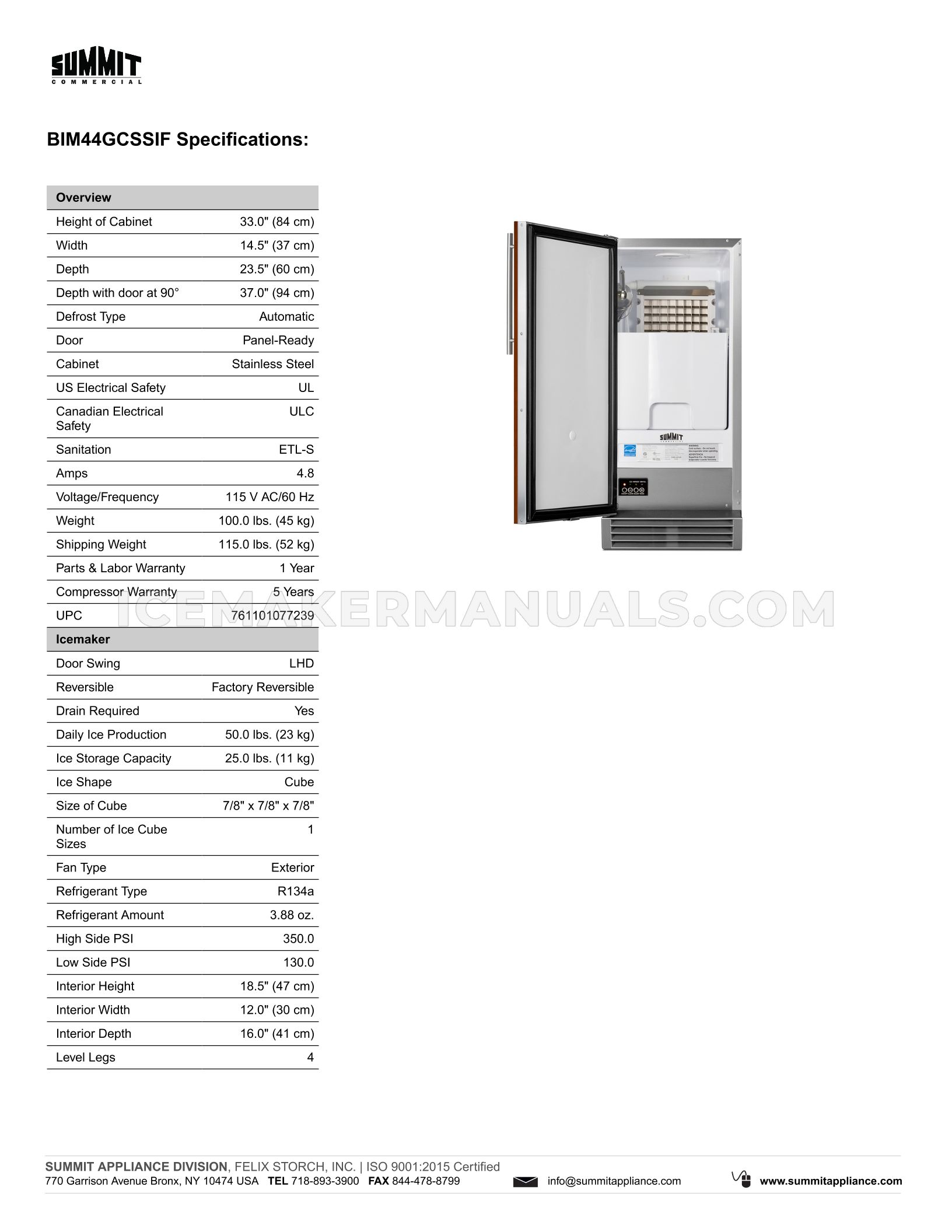 Summit BIM44GCSSIF Ice Machine Spec Sheet Ice Maker Manuals