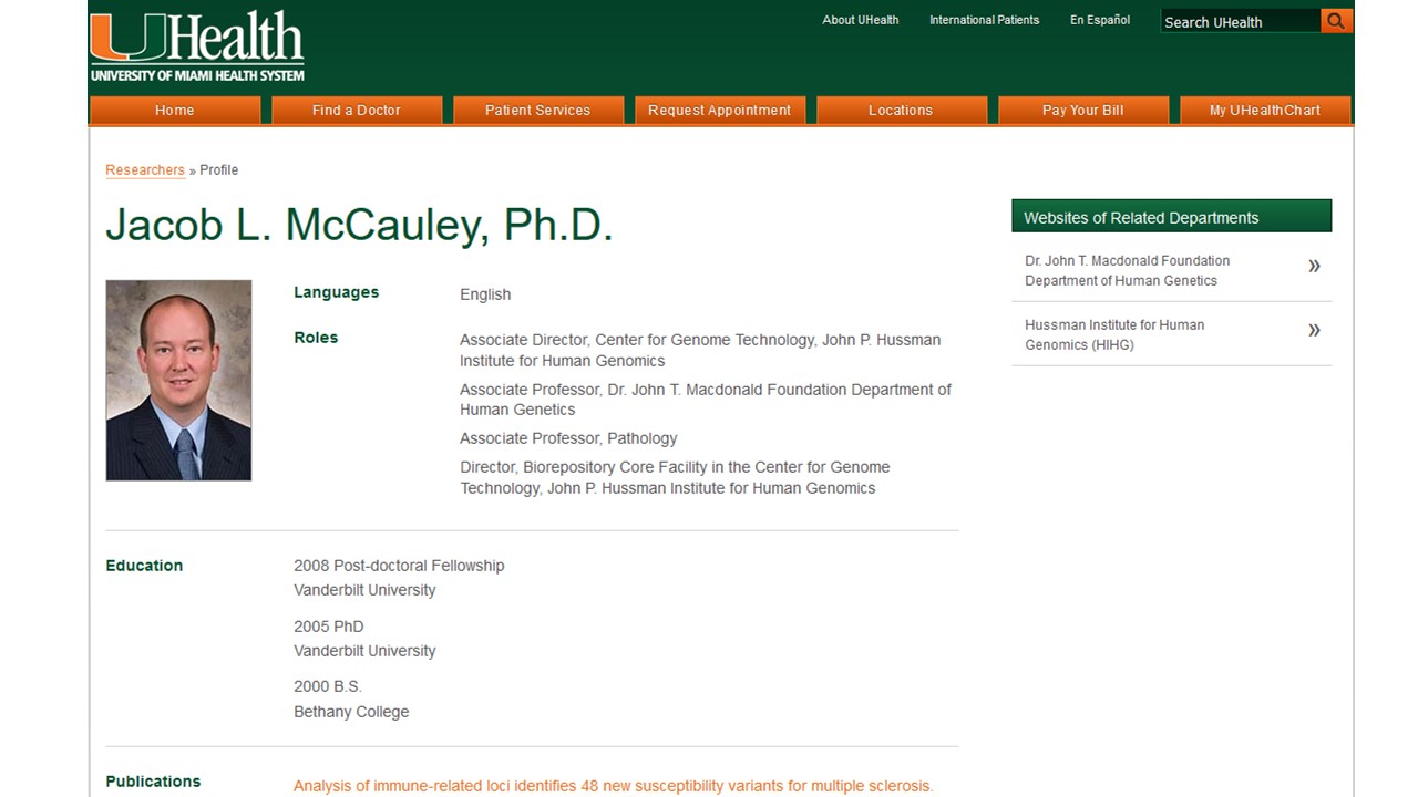 Symposium Speaker Jacob L. McCauley, PhD Cleveland Institute for