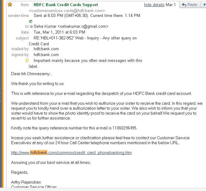 Improper response and service from cards branch chennaiHDFC Bank