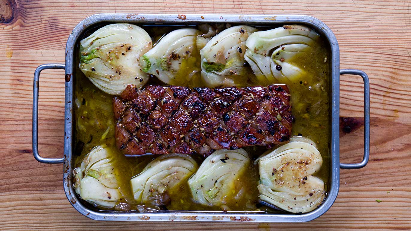 crispy roasted pork belly with cider & fennel, icookstuff