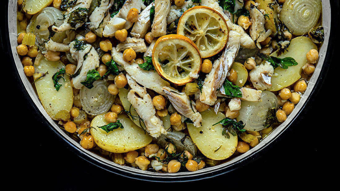 ovenbaked salt cod with vegetables & chickpeas, icookstuff