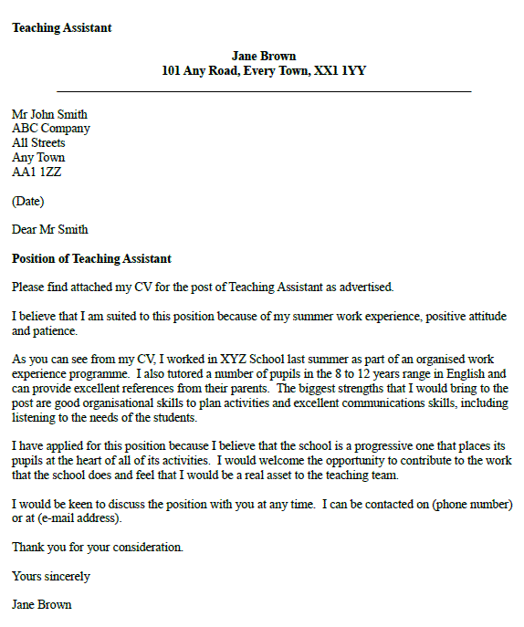 Teaching Assistant Cover Letter Example