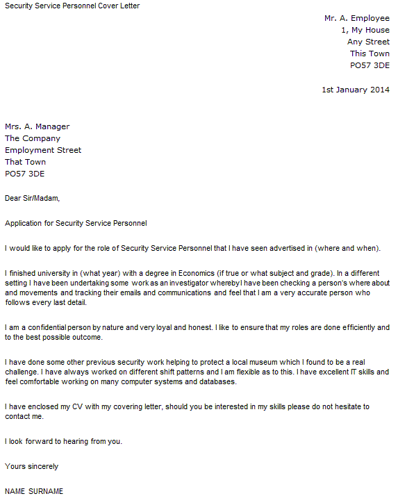 Cover Letter for a Security Service Personnel