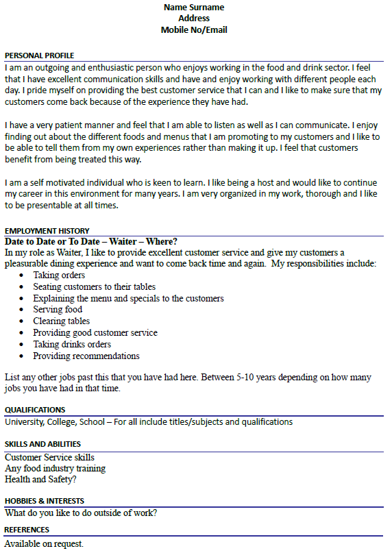Waiter CV Example