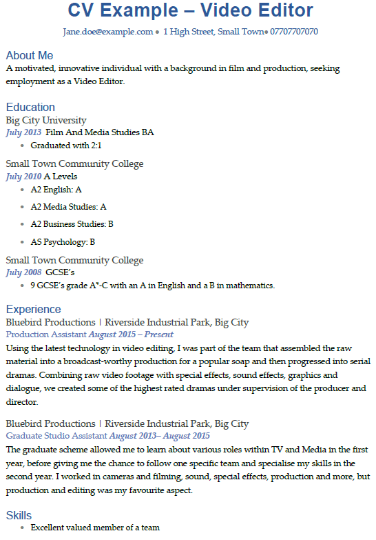 Video Editor CV Example