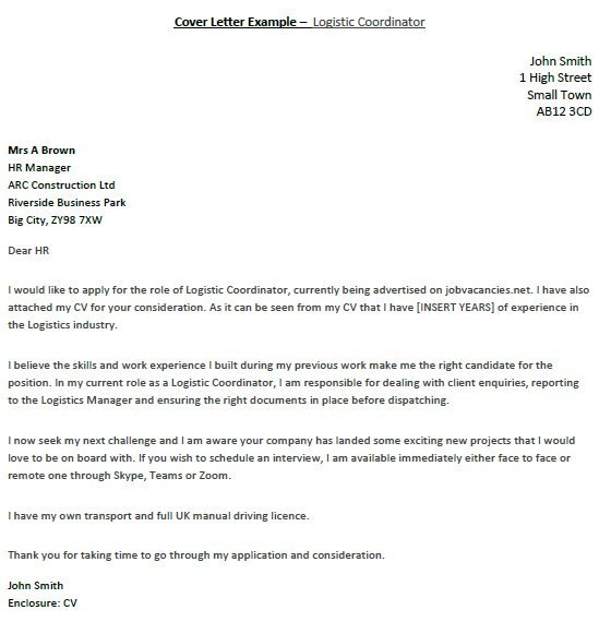 Logistic Coordinator Cover Letter Example - Icover.org.uk